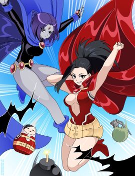 absurdres armpits bare_shoulders black_eyes black_hair black_leotard boku_no_hero_academia bomb breasts cape cleavage colored_skin dc_comics explosive forehead_jewel grenade grey_skin hair_pulled_back high_heels highres large_breasts leotard long_hair looking_at_viewer nico-neko open_mouth ponytail purple_eyes purple_hair raven_(dc) short_hair smile teen_titans yaoyorozu_momo