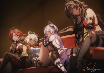 4girls animal_ears armlet asymmetrical_clothes bare_shoulders biker_clothes bikesuit black_bodysuit blonde_hair blue_eyes blush bodysuit breasts citlali_(genshin_impact) cleavage commentary_request criss-cross_halter crossed_bangs crossed_legs cutoffs dark-skinned_female dark_skin dehya_(genshin_impact) earrings facial_mark feathers floating_headgear genshin_impact genyaky green_eyes hair_ears halter_leotard halterneck headgear high-waist_shorts jaguar_ears jaguar_girl jaguar_tail jewelry knees_up large_breasts leaning_forward leotard long_hair mavuika_(genshin_impact) multicolored_hair multiple_girls multiple_thigh_straps orange_eyes orange_hair orange_pupils pink_hair pointy_hair purple_feathers purple_sarong sarong shorts sideboob single_pantsleg sitting streaked_hair sun_earrings tail tan thigh_strap triangle triangle_facial_mark xilonen_(genshin_impact)