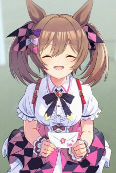 animal_ears asamishi bad_link breasts closed_eyes gradient_background horse_ears horse_girl letter medium_breasts shadow smart_falcon_(love_4ever)_(umamusume) smart_falcon_(umamusume) smile umamusume