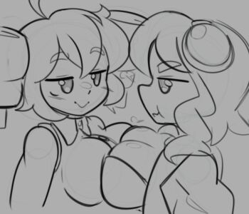 2girls ahoge bare_shoulders breast_press breasts buttons closed_mouth collared_shirt drill_hair electronic_baka goggles goggles_on_head greyscale gumi huge_breasts jacket jitome kasane_teto kasane_teto_(utau) monochrome multiple_girls open_clothes open_jacket pout shirt short_hair sketch smile sports_bra symmetrical_docking twin_drills utau vocaloid