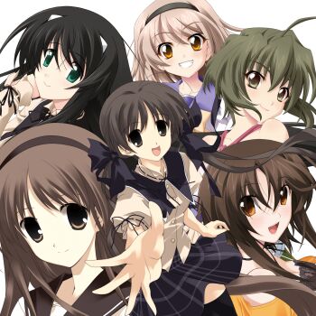 black_bow black_hairband bow brown_eyes brown_hair green_eyes hairband highres hizuki_ayaka kurosu_kanata long_hair looking_at_viewer memories_off memories_off_1 memories_off_2nd misasagi_inori non-web_source official_art open_mouth school_uniform shirakawa_hotaru shirakawa_shizuru simple_background smile