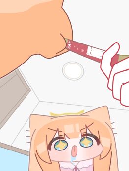 Rule 34 | 1girl, absurdres, animal ears, blue archive, blunt bangs, blush, cat, chibi, ciao churu, commentary, drooling, english commentary, english text, from below, halo, highres, holding, horuhara, indoors, looking at food, mari (blue archive), neck ribbon, no nose, orange hair, pajamas, pet food, pink pajamas, ribbon, saliva, smol mari (blue archive) (horuhara), sparkling eyes, tongue, tongue out, v-shaped eyebrows, yellow halo