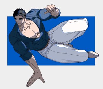 Rule 34 | 1boy, bara, belt, black hair, blue background, blue eyes, blue shirt, brown belt, closed mouth, domo (domo kizusuki), forehead, full body, highres, jumping, kokado shido (domo), large pectorals, male focus, muscular, muscular arms, muscular male, original, pants, partially open shirt, pectoral cleavage, pectorals, shirt, shoes, short hair, sideburns, simple background, spinning, v-taper, white background, white pants