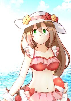 1girl absurdres bikini bikini_skirt breasts brown_hair cleavage collarbone frilled_bikini frills green_eyes hat highres iris_(mega_man) l861021176 long_hair looking_up medium_breasts mega_man_(series) mega_man_x_(series) mega_man_x_dive ocean official_alternate_costume red_bikini solo swimsuit water white_hat