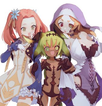 3girls :d absurdres antennae black_hair black_sclera blue_jacket breasts brown_hair cleavage colored_sclera commentary_request cropped_jacket dark-skinned_female dark_skin detached_sleeves dress eleanor_hume fang fingerless_gloves fingernails flower frilled_dress frills gloves gradient_hair green_eyes green_hair hair_flower hair_intakes hair_ornament hand_on_own_chest heterochromia highres jacket kamoana_(tales) large_breasts locked_arms long_hair long_sleeves looking_at_another medissa_(tales) multicolored_hair multiple_girls nancykittyu open_mouth purple_veil red_eyes red_sclera revealing_clothes sharp_fingernails simple_background skin_fang smile tales_of_(series) tales_of_berseria thighhighs twintails two-tone_hair v veil white_background white_dress white_gloves zettai_ryouiki