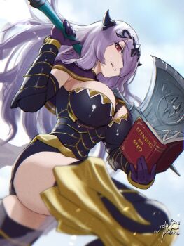 1girl ass axe between_breasts book breasts butt_crack camilla_(fire_emblem) cleavage english_text fire_emblem fire_emblem_fates hair_over_one_eye jellyplatinum21 large_breasts long_hair looking_at_viewer nintendo one_eye_covered purple_eyes purple_hair simple_background solo strap_between_breasts tiara wavy_hair