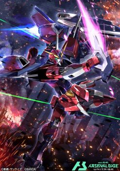 copyright_name copyright_notice energy_sword green_eyes gundam gundam_arsenal_base gundam_seed gundam_seed_freedom holding holding_beam_saber holding_shield holding_sword holding_weapon immortal_justice_gundam kenko_(a143016) mechanical_wings mobile_suit no_humans official_art robot science_fiction shield solo sparks sword thrusters v-fin weapon wings