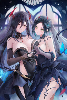 2girls absurdres aqua_hair armpit_crease asymmetrical_docking azur_lane banchiyuebai bare_shoulders black_background black_dress black_flower black_hair black_scrunchie black_veil blue_butterfly breast_press breasts bug butterfly butterfly_hair_ornament butterfly_ornament cleavage closed_mouth clothing_cutout commentary_request covered_navel cutout_above_navel dress elbow_gloves falling_petals flower friedrich_der_grosse_(azur_lane) friedrich_der_grosse_(zeremonie_of_the_cradle)_(azur_lane) gem gloves gold_trim gradient_hair hair_between_eyes hair_flower hair_ornament heart heart_hands highres horns huge_breasts insect jewelry large_breasts light_particles light_smile long_hair long_hair_between_eyes looking_at_viewer mechanical_horns multicolored_hair multiple_girls official_alternate_costume parted_bangs petals red_gemstone red_horns ring scrunchie see-through_clothes see-through_veil siblings sisters slit_pupils stained_glass standing thighs ulrich_von_hutten_(azur_lane) ulrich_von_hutten_(liebestrank)_(azur_lane) veil very_long_hair wedding_dress wedding_ring yellow_eyes