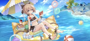 ball barefoot beach beachball blanc_(neptunia) blue_eyes book bow brown_bow brown_hair brown_one-piece_swimsuit float food highres ice_cream ice_cream_sundae innertube neptune_(series) official_art one-piece_swimsuit sundae swim_ring swimsuit water_gun