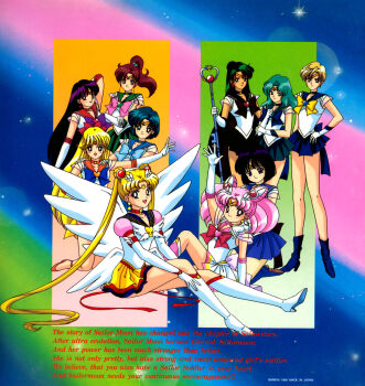 Rule 34 | 1990s (style), 1996, 6+girls, :d, aino minako, ankle boots, aqua hair, arm up, back bow, bishoujo senshi sailor moon, bishoujo senshi sailor moon stars, black bow, black choker, black hair, black sailor collar, black skirt, blonde hair, blue bow, blue eyes, blue footwear, blue hair, blue sailor collar, blue skirt, bob cut, boots, bow, brooch, brown hair, chibi usa, choker, closed mouth, cone hair bun, crescent, crescent facial mark, crossed arms, dot nose, double bun, earrings, elbow gloves, english text, eternal sailor moon, facial mark, forehead mark, full body, garnet rod, gloves, green choker, green eyes, green hair, green sailor collar, green skirt, hair bobbles, hair bow, hair bun, hair ornament, hairpin, hand on another&#039;s shoulder, hands on another&#039;s shoulders, heart, heart brooch, high ponytail, highres, hino rei, holding, holding staff, jewelry, kaiou michiru, kino makoto, knee boots, kneeling, layered skirt, legs apart, long hair, looking at another, looking at viewer, magical girl, meiou setsuna, miniskirt, mizuno ami, multicolored background, multicolored clothes, multicolored skirt, multiple girls, official art, open mouth, orange choker, orange footwear, orange sailor collar, parted bangs, pink bow, pink footwear, pink hair, pink sailor collar, puffy sleeves, purple bow, purple choker, purple eyes, purple footwear, purple sailor collar, purple skirt, red bow, red choker, red eyes, red sailor collar, retro artstyle, sailor chibi moon, sailor collar, sailor jupiter, sailor mars, sailor mercury, sailor moon, sailor neptune, sailor pluto, sailor saturn, sailor senshi, sailor senshi uniform, sailor uranus, sailor venus, scan, shoes, short hair, single hair bun, sitting, skirt, smile, staff, standing, star (symbol), star choker, super sailor chibi moon, super sailor jupiter, super sailor mars, super sailor mercury, super sailor neptune, super sailor pluto, super sailor saturn, super sailor uranus, super sailor venus, tamegai katsumi, ten&#039;ou haruka, tomoe hotaru, tsukino usagi, twintails, very short hair, wavy hair, white footwear, white gloves, white wings, wings, yellow bow, yellow choker, yellow skirt