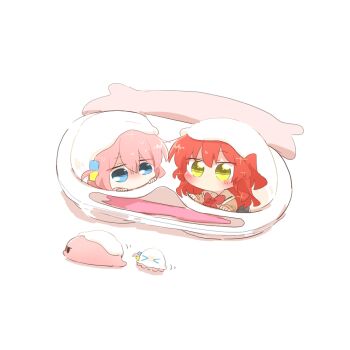 2girls blue_eyes blush bocchi_the_rock! bow bowtie brown_shirt chibi chibi_only commentary_request cube_hair_ornament double-parted_bangs food gotoh_hitori gotoh_hitori_(octopus) gotoh_hitori_(tsuchinoko) hair_between_eyes hair_ornament in_food kita_ikuyo long_hair long_sleeves looking_at_viewer multiple_girls multiple_persona no_mouth one_side_up pink_hair rebecca_(keinelove) red_bow red_bowtie red_hair sailor_collar school_uniform shirt shuka_high_school_uniform simple_background sparkle white_background white_sailor_collar yellow_eyes