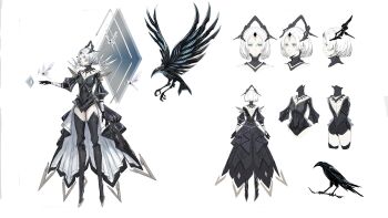 1girl ai_limit beckhz1 bird black_dress blue_eyes breasts character_request crow dress highres long_sleeves mechanical_legs medium_breasts medium_hair official_art puffy_long_sleeves puffy_sleeves showgirl_skirt simple_background white_background white_hair