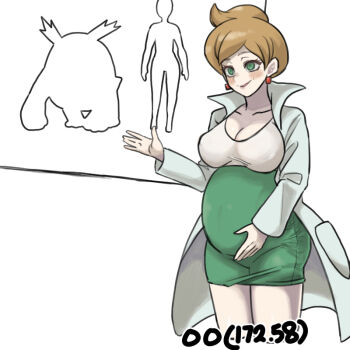 1girl professor_juniper blush breasts cleavage coat commentary darmanitan earrings eyelashes gen_5_pokemon gigobyte350 green_eyes green_skirt hand_on_own_stomach hand_up high-waist_skirt implied_bestiality jewelry long_sleeves nintendo open_clothes open_coat parted_bangs parted_lips pokemon pokemon_bw pregnant shirt skirt smile solo