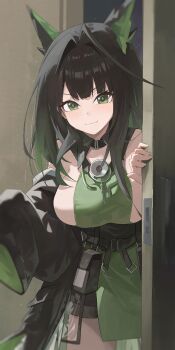 1girl :3 ahoge arknights black_coat black_hair breasts coat cowboy_shot green_eyes green_hair green_tabard highres huge_ahoge large_breasts light_blush light_particles light_smile looking_at_viewer mon3tr_(arknights) multicolored_hair off_shoulder solo standing streaked_hair tabard underbust yorei_8338