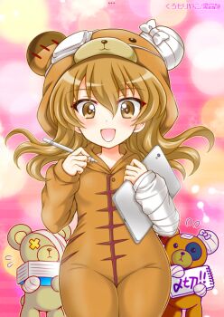 1girl animal_costume bear_costume boko_(girls_und_panzer) brown_eyes brown_hair girls_und_panzer happy highres holding kuromori_yako long_hair looking_at_viewer notebook shimada_arisu smile standing stuffed_animal stuffed_toy tablet_pc teddy_bear translation_request