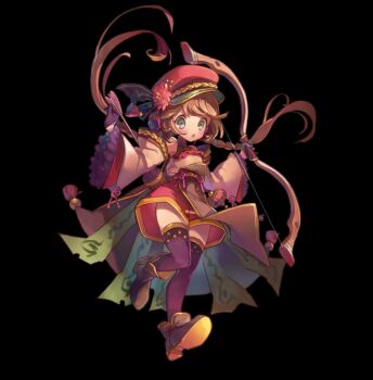 1girl :o arrow_(projectile) black_background black_boots boots bow_(weapon) braid brown_hair child detached_sleeves flower full_body gloves green_eyes half_gloves hat highres holding holding_arrow holding_bow_(weapon) holding_weapon long_hair low_twin_braids merc_storia merc_storia_art_team official_art prionique_(merc_storia) purple_gloves purple_thighhighs red_hat red_shorts shirt shorts simple_background sleeveless sleeveless_shirt solo standing tachi-e thighhighs twin_braids weapon wide_sleeves