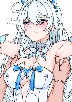 1girl 1other absurdres ahoge bare_shoulders bikeibikei blue_eyes blush breasts cleavage commentary_request diamond-shaped_pupils diamond_(shape) dress grabbing_another's_armpit highres honkai_(series) honkai_impact_3rd kiana_kaslana kiana_kaslana_(ba-dum!_fiery_wishing_star) kiana_kaslana_(wintery_wishes) korean_commentary large_breasts long_hair official_alternate_costume simple_background symbol-shaped_pupils t-pose very_long_hair white_background white_dress white_hair