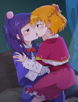 2girls asahina_mirai black_pantyhose bow braid capelet commentary_request french_kiss gyaheung half_up_braid hand_on_another's_shoulder highres izayoi_liko kiss long_hair mahou_girls_precure! mahou_girls_precure!!_mirai_days multiple_girls orange_hair pantyhose pink_capelet ponytail precure purple_capelet purple_eyes purple_hair red_bow saliva shirt short_hair sitting sitting_on_lap sitting_on_person sweat tongue tongue_out white_shirt yuri