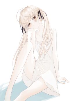 1girl absurdres bare_shoulders blush brown_eyes dress flat_chest head_rest highres kasugano_sora light_smile long_hair looking_at_viewer sitting solo sorala_(artist) twintails white_dress white_hair yosuga_no_sora