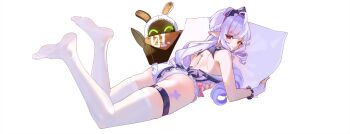 1girl absurdres ahoge ass bangboo_(zenless_zone_zero) bare_back bare_shoulders bow chinese_commentary closed_mouth commentary_request commission double-parted_bangs eous_(zenless_zone_zero) frilled_one-piece_swimsuit frills full_body hair_ribbon highres leg_tattoo legs legs_up long_hair looking_at_viewer looking_back lying majo_(pastamajo) multicolored_one-piece_swimsuit no_shoes official_alternate_costume on_stomach one-piece_swimsuit pillow pink_bow pointy_ears purple_hair purple_one-piece_swimsuit red_eyes ribbon simple_background sleeveless smile swimsuit tattoo thigh_strap thighhighs thighs toes two-tone_one-piece_swimsuit vivian_banshee vivian_banshee_(iris_of_the_shore) white_background white_one-piece_swimsuit white_thighhighs zenless_zone_zero