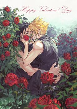 2024 2boys aqua_eyes bare_shoulders black_hair black_pants black_shirt blonde_hair cloud_strife commentary_request couple earrings final_fantasy final_fantasy_vii flower flower_in_mouth hair_between_eyes hair_slicked_back hand_in_another's_hair happy_valentine highres hug jewelry male_focus multiple_boys outdoors pants red_flower red_rose rose rose_bush row056 ship_name shirt short_hair single_earring sleeveless sleeveless_turtleneck spiked_hair toned toned_male turtleneck yaoi zack_fair