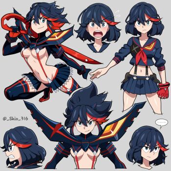 ... 1girl :o artist_name black_hair black_shirt black_skirt blue_eyes blush boots breasts clenched_teeth cropped_legs cropped_shoulders cropped_torso expressionless from_side frown gloves hashtag-only_commentary high_heels highres kill_la_kill matoi_ryuuko medium_breasts multicolored_hair multiple_views navel no_dickey pleated_skirt red_gloves red_hair revealing_clothes school_uniform senketsu serafuku shio_(zsp1jqohfr12495) shirt short_hair sidelocks single_glove skirt smile spoken_ellipsis streaked_hair suspenders teeth thigh_boots twitter_username two-tone_hair underboob v-shaped_eyebrows