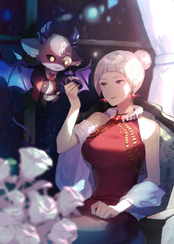 Rule 34 | 1girl, bare shoulders, blurry, breasts, butler, chair, character request, collar, commentary request, debidebi debiru, demon horns, demon wings, depth of field, dress, earrings, frilled collar, frills, gem, hair bun, highres, horns, jewelry, large breasts, monocle, necklace, nijisanji, red dress, red gemstone, shawl, single hair bun, sitting, sunakumo, virtual youtuber, wings