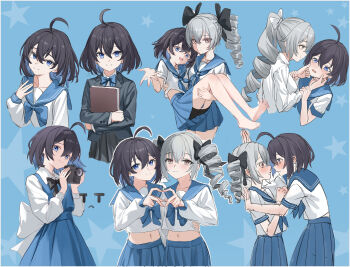 2girls absurdres ahoge bike_shorts black_hair black_shorts blue_background blue_eyes blue_hair blue_sailor_collar blue_skirt blue_vest blush book breasts bronya_zaychik camera carrying commentary_request drill_hair grey_hair heart heart_hands heart_hands_duo highres holding holding_book holding_camera honkai_(series) honkai_impact_3rd lao_xi long_hair long_skirt medium_breasts midriff multicolored_hair multiple_girls multiple_views navel photoshop_(medium) pleated_skirt princess_carry sailor_collar school_uniform seele_vollerei serafuku short_hair shorts skirt small_breasts smile two-tone_hair vest white_serafuku yuri