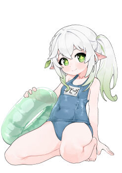 1girl absurdres araimelon bare_arms bare_legs bare_shoulders barefoot blue_one-piece_swimsuit braid breasts bright_pupils closed_mouth collarbone covered_navel cross-shaped_pupils full_body genshin_impact gradient_hair green_eyes green_hair hair_between_eyes hair_ornament hand_on_ground highres holding holding_swim_ring innertube leaf_hair_ornament legs_folded long_hair looking_at_viewer multicolored_hair nahida_(genshin_impact) name_tag one-piece_swimsuit pointy_ears school_swimsuit side_ponytail sidelocks simple_background sitting small_breasts smile solo star-shaped_pupils star_(symbol) swim_ring swimsuit symbol-shaped_pupils toes white_background white_hair