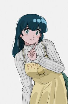 1girl apron blue_eyes blue_hair blush chick_print dress highres maison_ikkoku non-web_source otonashi_kyouko poppowerhearts print_apron simple_background solo teasing white_background