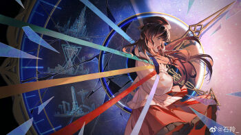 1girl absurdres analog_clock beret black_hair black_hat blue_eyes blue_ribbon blue_vest blunt_bangs bow braid broken_glass cardigan castle chinese_commentary clock clock_hands commentary_request commission cowboy_shot frilled_skirt frills from_side glass glass_shards green_ribbon hair_ribbon hat heroine_(lovebrush_chronicles) highres hourglass lapels light_particles long_hair long_sleeves looking_ahead looking_at_viewer lovebrush_chronicles medium_skirt notched_lapels open_cardigan open_clothes own_hands_together parted_lips pinstripe_pattern pinstripe_vest profile purple_ribbon red_bow red_ribbon red_skirt restrained ribbon shiling shirt side_braid skirt sky solo split_theme standing star_(sky) starry_sky tower vest waist_bow watermark weibo_watermark white_cardigan white_shirt yellow_ribbon