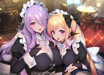 1boy 2girls apron armor black_bow black_dress blonde_hair blush bow breasts bridal_gauntlets brother_and_sister camilla_(fire_emblem) dress drill_hair elise_(fire_emblem) feather_trim fire_emblem fire_emblem_fates grey_armor hair_bow hair_ornament hair_over_one_eye half-siblings headdress highres indoors juliet_sleeves kashiwamochi_yomogi large_breasts long_hair long_sleeves looking_at_viewer maid maid_apron maid_headdress male_corrin_(fire_emblem) multicolored_hair multiple_girls nintendo nohrian_maid_uniform open_mouth puffy_sleeves purple_eyes purple_hair siblings sisters smile tiara twin_drills twintails very_long_hair wavy_hair white_apron wrist_cuffs