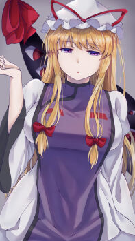Rule 34 | 1girl, arm up, blonde hair, commentary request, grey background, hat, hat ribbon, highres, long hair, looking at viewer, mirufi (milfiiiiyu), mob cap, purple eyes, purple tabard, ribbon, solo, tabard, touhou, wide sleeves, yakumo yukari