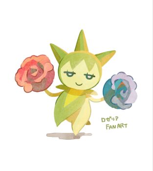 0726mizuki blue_flower blue_rose closed_mouth commentary_request eyelashes flower full_body gen_3_pokemon highres jitome nintendo official_artist_extra pokemon pokemon_(creature) pokemon_focus red_flower red_rose rose roselia_(pokemon) simple_background smile solo white_background