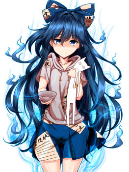 1girl animal bad_id bad_pixiv_id bangle blue_bow blue_eyes blue_hair blue_skirt bow bowl bracelet commentary_request cowboy_shot damaged debt drawstring energy female_focus gluteal_fold grey_hoodie hair_between_eyes hair_bow half-closed_eyes highres holding holding_animal hood hood_down hoodie jewelry kawahagi-tei kawahagitei long_hair looking_at_viewer maebari miniskirt scp-040-jp scp_foundation see-through_clothes short_sleeves simple_background skirt solo touhou very_long_hair white_background yorigami_shion