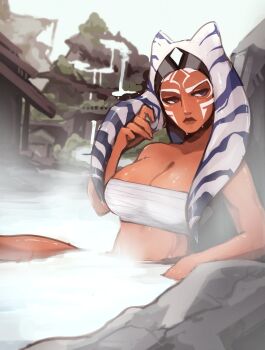 1girl ahsoka_tano alien bathing blairevt blue_eyes breasts chest_sarashi cleavage colored_skin commentary english_commentary facial_mark highres large_breasts lekku_(anatomy) onsen orange_skin outdoors partially_submerged sarashi solo star_wars star_wars:_the_clone_wars_(2008_tv_series) steam tentacle_hair togruta water wet