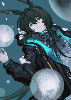 1girl absurdres amiya_(arknights) animal_ears arknights ascot black_ascot black_jacket blue_choker blue_eyes brown_hair bubble cen_(acheng02806053) choker doctor_(arknights) expressionless hair_between_eyes hashtag-only_commentary highres hood hooded_jacket jacket jewelry kal'tsit_(arknights) long_hair long_sleeves looking_at_viewer lying multiple_rings on_back rabbit_ears rabbit_girl ring shirt sidelocks solo tearing_up theresa_(arknights) upper_body white_shirt