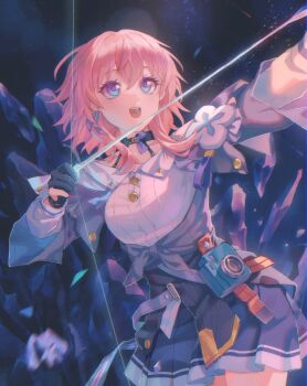 1girl arrow_(projectile) black_choker black_gloves blue_eyes blue_jacket blue_skirt bow_(weapon) breasts buttons camera choker clothes_around_waist collarbone collared_shirt commentary cowboy_shot english_commentary gloves hair_between_eyes hands_up highres holding holding_arrow holding_bow_(weapon) holding_weapon honkai:_star_rail honkai_(series) ice jacket kiwiteamlp long_sleeves looking_up march_7th_(honkai:_star_rail) march_7th_(preservation)_(honkai:_star_rail) medium_breasts miniskirt multicolored_eyes open_mouth partially_fingerless_gloves pink_hair pleated_skirt puffy_long_sleeves puffy_sleeves purple_eyes shirt short_hair sidelocks skirt smile solo sparkle standing star_(sky) starry_sky_background teeth tied_jacket weapon white_shirt