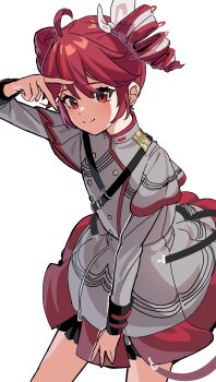 1girl absurdres ahoge arm_up ben-day_dots bow buttons closed_mouth commentary cowboy_shot drill_hair dunggeul_dunggeul grey_jacket grey_skirt hair_between_eyes hair_bow hashtag-only_commentary highres jacket kasane_teto kasane_teto_(sv) long_sleeves looking_at_viewer red_eyes red_hair screentones simple_background skirt smile solo split_mouth standing symbol-only_commentary synthesizer_v twin_drills v white_background white_bow