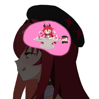 2girls :3 @_@ anger_(inside_out) antenna_hair beret black_bra black_skirt blush bra choker collar commentary control_panel_overlay cosplay disney english_commentary from_side goddess_of_victory:_nikke hair_between_eyes hat heart heart-shaped_pupils highres horns inside_out jacket leggings long_hair long_sleeves mechanical_horns midriff multiple_girls navel panty_straps pixar rapi_(nikke) rapi_(nikke)_(cosplay) rapi_(red_hood)_(nikke) red_eyes red_hair red_hood_(nikke) red_jacket shirt simple_background skirt star_(symbol) symbol-shaped_pupils tongue tongue_out underwear very_long_hair wge white_background white_shirt