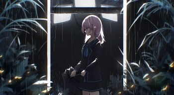 1girl absurdres backlighting black_sailor_collar black_serafuku black_skirt black_umbrella blue_neckerchief blue_trim chiroru_(cheese-roll) chromatic_aberration closed_mouth commentary cowboy_shot crt english_commentary from_side grass hair_ornament hairclip highres holding holding_umbrella long_hair long_sleeves neckerchief night original pink_eyes pink_hair pleated_skirt sailor_collar school_uniform serafuku skirt solo static umbrella