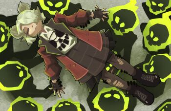 Rule 34 | 1girl, absurdres, blazer, boots, closed eyes, crowd surfing, deadlock (game), double bun, fingerless gloves, gloves, graves (deadlock), hair bun, hair over one eye, hebinalmeog, highres, jacket, jewelry, marvel, pantyhose, pleated skirt, school uniform, shirt, skirt, skull, spider-man (series), torn clothes, torn pantyhose, white hair, white shirt, zombie