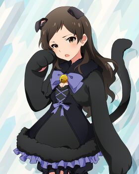 Rule 34 | 1girl, animal ears, animal hands, bell, black dress, blush, bow, bowtie, brown eyes, brown hair, cat ears, cat tail, commentary request, cowboy shot, dress, fake animal ears, fake tail, game cg, gloves, hand up, idolmaster, idolmaster million live!, idolmaster million live! theater days, kitazawa shiho, kitazawa shiho (soraneko coffee shop), long hair, looking at viewer, neck bell, official alternate costume, official art, open mouth, paw gloves, purple bow, purple bowtie, solo, standing, tail, third-party source