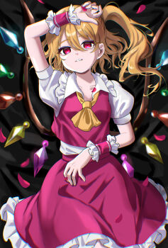 Rule 34 | 1girl, ascot, black background, blonde hair, closed mouth, cowboy shot, crystal, crystal wings, embodiment of scarlet devil, flandre scarlet, frilled shirt collar, frills, hair between eyes, hat, highres, looking at viewer, lying, mob cap, nyumuji ppp, on back, on bed, puffy short sleeves, puffy sleeves, red eyes, red vest, shirt, short sleeves, side ponytail, skirt, smile, solo, touhou, vest, wings, wrist cuffs, yellow ascot