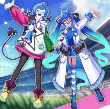 2girls @_@ ahoge animal_ears aqua_hair arms_up belt belt_buckle black-framed_eyewear black_bow black_leggings blue_boots blue_eyes blue_hair blue_leotard blue_skirt blue_thighhighs blush boots bow braid braided_twintails buckle closed_mouth coat colored_skin colored_tongue commentary cosplay costume_switch crossed_bangs crossover drawstring english_commentary frilled_coat frills full_body garter_straps hair_bow heterochromia highres holding_hands hood hoodie horse_ears horse_girl horse_tail leggings leotard long_hair long_sleeves looking_at_viewer multicolored_hair multicolored_hoodie multiple_girls neck_ribbon nogame_kun off_shoulder open_clothes open_coat open_mouth outline purple_eyes purple_tongue ribbon round_eyewear second-party_source sharp_teeth sidelocks single_off_shoulder skirt socks_agency standing standing_on_one_leg striped_bow striped_clothes striped_thighhighs stuffed_animal stuffed_rabbit stuffed_toy tail tail_bow tail_ornament teeth test_tube thighhighs twin_turbo_(blast_mode!_turbo_engine)_(umamusume) twin_turbo_(umamusume) twintails two-tone_hair umamusume upper_teeth_only very_long_hair virtual_youtuber white_coat white_outline white_skin yellow_boots yomi_quinnley