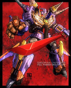 absurdres armor full_armor full_powered_gridknight gattai gridknight_(ssss.gridman) gridman_universe gridman_universe_(movie) highres mecha moyan procreate_(medium) red_background robot ssss.dynazenon ssss.gridman standing super_robot sword tokusatsu weapon western_comics_(style)