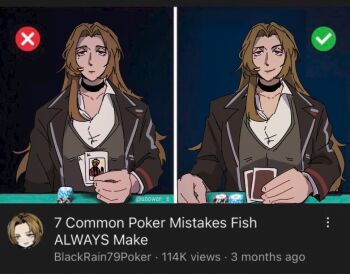 1girl artist_name black_choker black_coat black_vest brown_hair card choker coat curtained_hair dante_(limbus_company) english_text holding holding_card lapels limbus_company long_hair meme notched_lapels open_clothes open_coat poker poker_table project_moon raised_eyebrow rodion_(project_moon) shirt single_sidelock smile table unower_s vest white_shirt