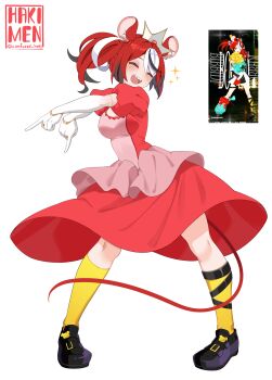 1girl absurdres animal_ears bibbidiba_(hololive) commentary crown dancing dress elbow_gloves gloves hakimen hakos_baelz highres hololive hololive_english inset mouse_ears mouse_tail multicolored_hair red_dress red_hair screenshot_inset sharp_teeth signature socks sparkle streaked_hair tail teeth twintails twitter_username virtual_youtuber yellow_socks
