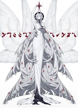 1girl absurdly_long_hair absurdres angel angel_wings bird_hair_ornament breasts colored_skin crrn dress hair_ornament highres large_breasts long_hair looking_at_viewer metatron_(crrn) original solo very_long_hair white_dress wings