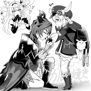 1boy 2girls ahoge alice_(genshin_impact) backpack bag bloomers blunt_bangs blush boots caramelo_game cellphone chest_jewel closed_eyes closed_mouth coat covering_own_mouth detached_sleeves dodoco_(genshin_impact) dragon_boy dragon_tail dragon_wings dress durin_(genshin_impact) eyelashes facing_another from_side genshin_impact gloves greyscale hair_intakes half_gloves halo hand_over_own_mouth hands_up hat hat_feather head_down heart-shaped_gem highres holding holding_hands holding_phone hood hood_down hooded_dress imminent_kiss klee_(genshin_impact) long_hair long_sleeves looking_at_another low_twintails low_wings monochrome multiple_girls newsboy_cap on_one_knee open_hand open_mouth pants phone pointy_ears pom_pom_(clothes) profile randoseru ribbed_socks sidelocks smartphone socks surprised tail taking_picture tsurime twintails twitter_username underwear watermark wings